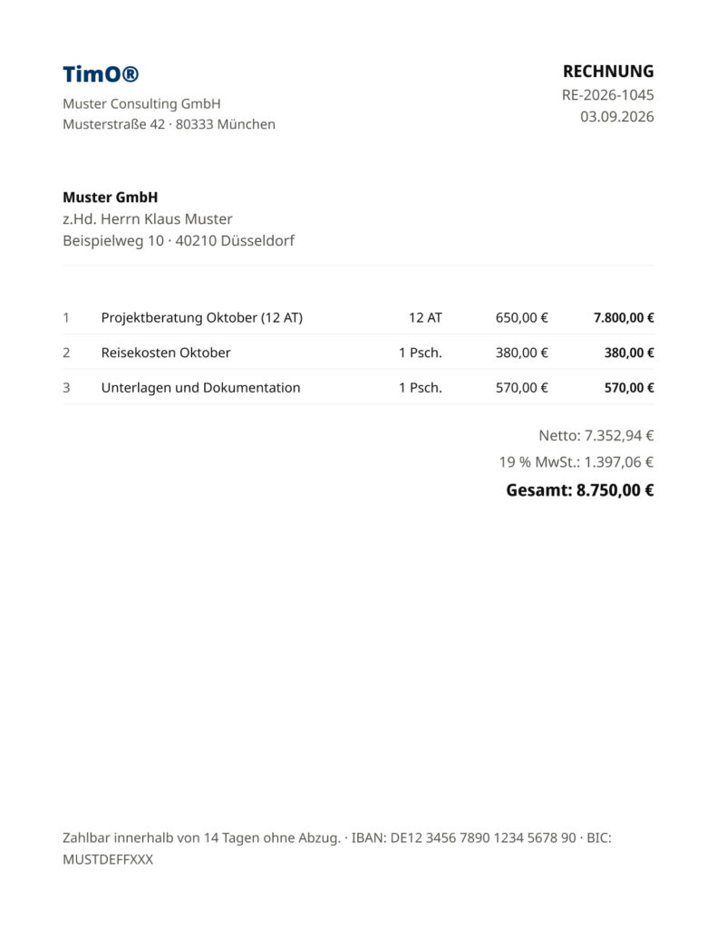 Digitale Rechnung mit Projektberatung, Reisekosten, Dokumentation und ausgewiesenem Gesamtbetrag.
