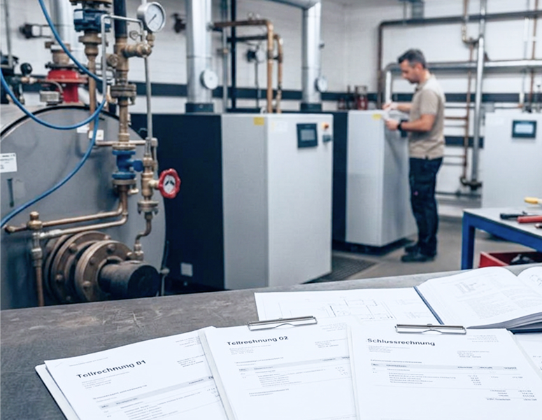 Teilrechnungen und Schlussrechnung auf einem Arbeitstisch vor einer technischen Anlage mit Mitarbeiter im Hintergrund.