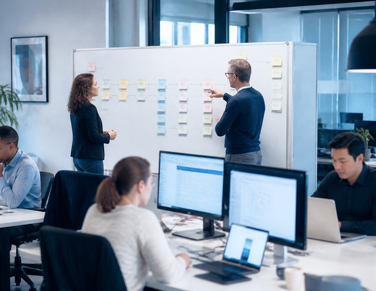Mitarbeiter strukturieren gemeinsam Prozesse am Whiteboard, während Kollegen an ihren Arbeitsplätzen arbeiten.