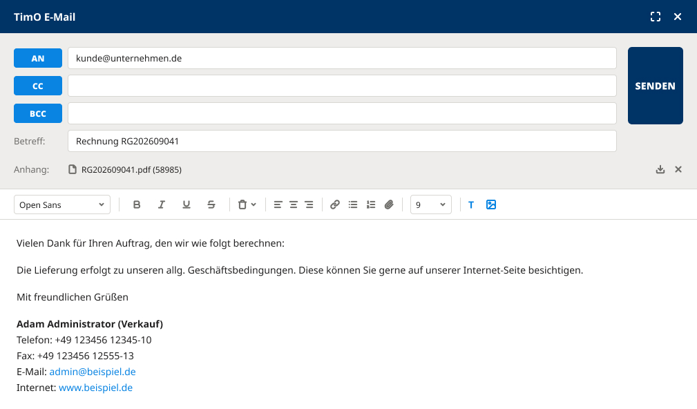 E-Mail-Editor der Abrechnungssoftware zum Versenden einer Rechnung als PDF-Anhang an einen Kunden.
