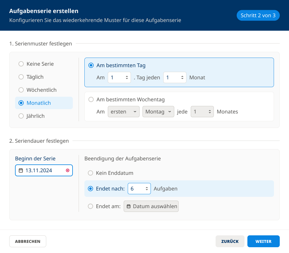 Dialog zum Erstellen einer monatlichen Serie mit Startdatum und festgelegter Anzahl an Wiederholungen.