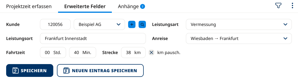 Eingabemaske mit Erweiterte Felder der Projektzeiterfassung mit Kunde, Leistungsart, Leistungsort, Anreise, Fahrtzeit und Strecke.
