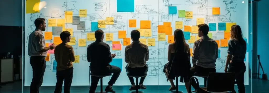 Team sitzt vor einer großen Wand mit Diagrammen und vielen Haftnotizen und diskutiert Ideen für einen Projektmanagement Vergleich.