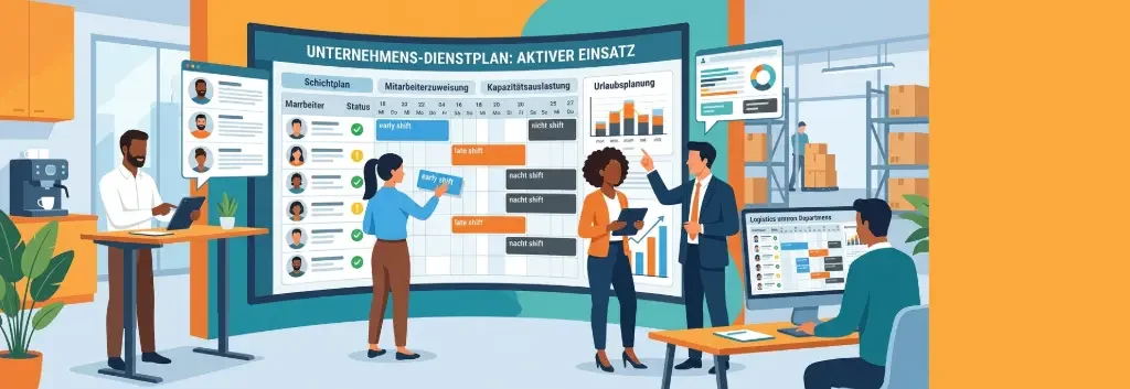 Illustration eines Teams, das mit einer Dienstplan Software einen digitalen Unternehmens-Dienstplan mit Schichten, Mitarbeiterzuweisung und Kapazitätsplanung auf einem großen Bildschirm organisiert.