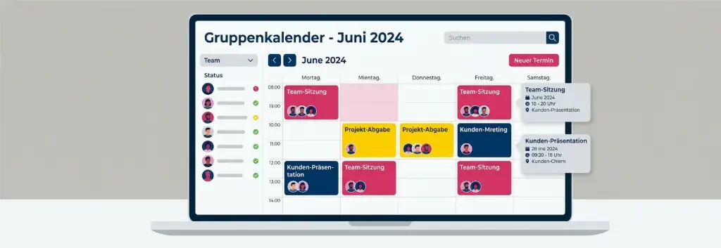 Darstellung eines Online Gruppenkalenders mit übersichtlicher Wochenansicht, in der Team-Termine und Aufgaben visuell hervorgehoben sind.