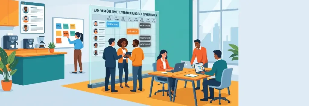 Digitaler Schichtplaner in einem Büro zeigt Teamverfügbarkeit, während Mitarbeitende gemeinsam Schichten planen und Aufgaben abstimmen.