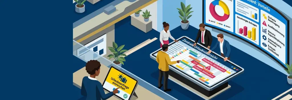 Moderner Arbeitsplatz mit Team, das einen digitalen Urlaubsplaner zur Visualisierung und Abstimmung von Urlaubszeiten verwendet.